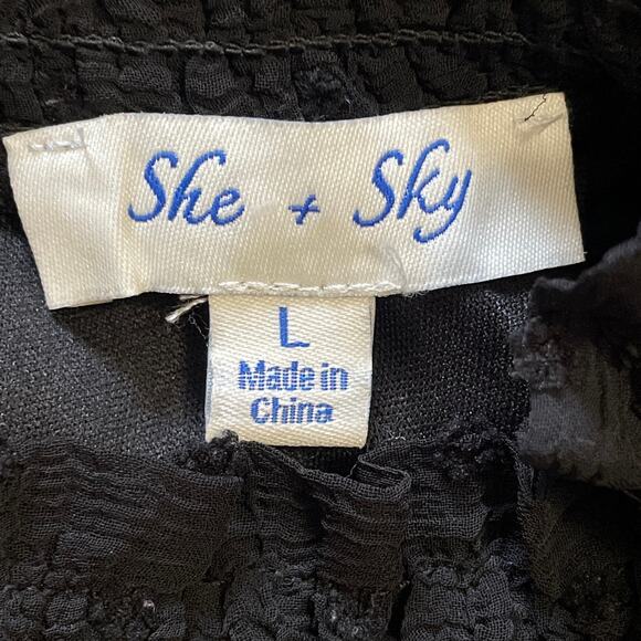 Short Black Dress, She and Sky, Swiss Dot, Sheer Sleeves, High neck, Size Large - Picture 3 of 5